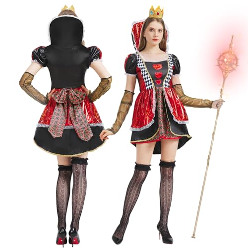 JONRRYIN Herzkönigin Kostüm Damen, Karneval Königin Kostüm Damen, Herzdame kostüm mit Kleid, Krone und Socken für Erwachsener Fasching Cosplay Partykostüm (Herzkönigin-B, L) von JONRRYIN