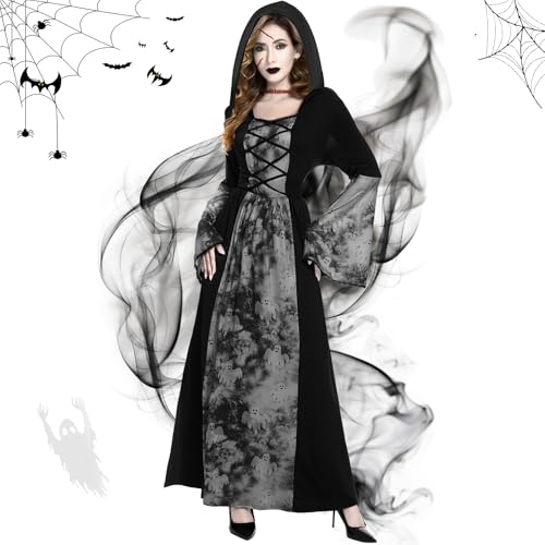 JONRRYIN Hexen Kostüme Damen, Halloween Hexenkostüm Schwarzer mit Kapuze, Langarm Vampir Kleid mit Tattoo Stickers, Zombie Kostüm für Halloween und Karneval (M) von JONRRYIN