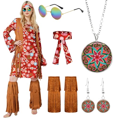 JONRRYIN Hippie Kostüm Damen, 70er Jahre Kleid, Hippie Kleidung Damen, Hippie Kleid Damen mit Fransenweste Stiefelüberzieher für Karneval Halloween Cosplay (A, L) von JONRRYIN