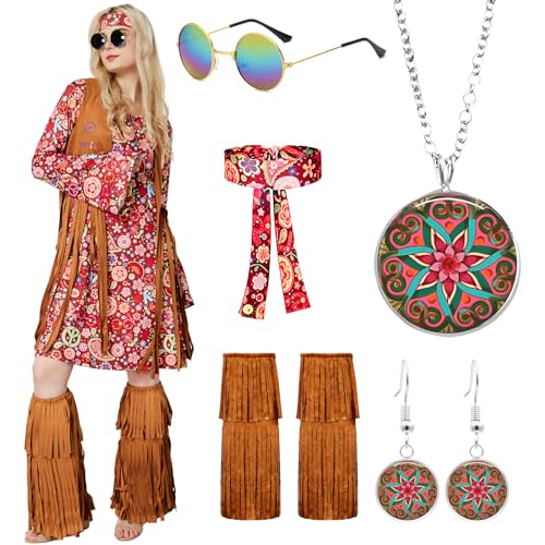 JONRRYIN Hippie Kostüm Damen, 70er Jahre Kleid, Hippie Kleidung Damen, Hippie Kleid Damen mit Fransenweste Stiefelüberzieher für Karneval Halloween Cosplay (B, L) von JONRRYIN