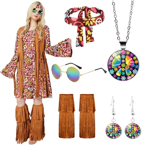 JONRRYIN Hippie Kostüm Damen, 70er Jahre Kleid, Hippie Kleidung Damen, Hippie Kleid Damen mit Fransenweste Stiefelüberzieher für Karneval Halloween Cosplay (C, XXL) von JONRRYIN