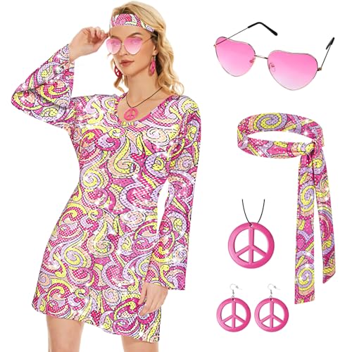 JONRRYIN Hippie Kostüm Damen Set, 60er 70er Kleid Hippie Kleidung Frauen Mädchen Disco Kleider mit Pailletten, Mode Abba Outfit mit 60er Jahre Kostüm Zubehör, Bekleidung Damen für Karneval Party (L) von JONRRYIN