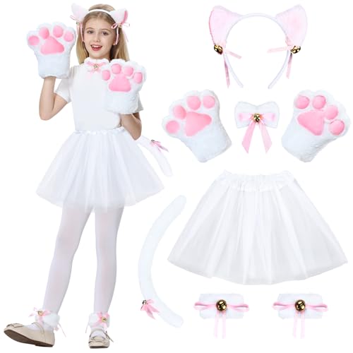 JONRRYIN Katzenkostüm Kinder, 8 Stück Katze Cosplay Set, Katzen Kostüm Mädchen mit Tutu, Katzenohren Haarreif, Schwanz, Katzenkrallen Handschuhe, Fliege, Fußglocke, für Kinder Mädchen Erwachsen von JONRRYIN