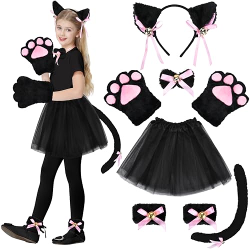 JONRRYIN Katzenkostüm Kinder, 8 Stück Katze Cosplay Set, Katzen Kostüm Mädchen mit Tutu, Katzenohren Haarreif, Schwanz, Katzenkrallen Handschuhe, Fliege, Fußglocke, für Kinder Mädchen Erwachsen von JONRRYIN