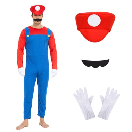 JONRRYIN Klempner Kostüm, Klempner Kostüm Set, Herren Faschingskostüm Männer, Kinderkleidung, Mütze + Hose + Bart, Herren Erwachsenen Kostüm für Fasching Karneval Cosplay (Erwachsene, L) von JONRRYIN