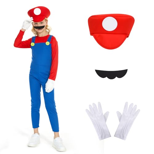 JONRRYIN Klempner Kostüm, Klempner Kostüm Set, Herren Faschingskostüm Männer, Kinderkleidung, Mütze + Hose + Bart, Herren Erwachsenen Kostüm für Fasching Karneval Cosplay (Kinder, L) von JONRRYIN