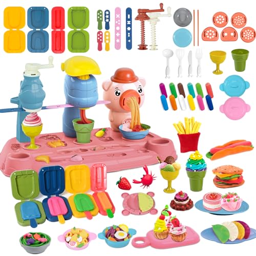 JONRRYIN Knete Zubehör Knete Dough Set für Kinder, 47 Stück Spielteig-Set mit 10 Modelliermasse, Nudel Eiscreme Spielset mit Knetwerkzeug, Spielzeug Geschenk Spielen mädchen Junge 2-10 Jahre von JONRRYIN