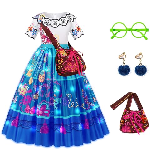 JONRRYIN LED Kleid Kostüm für Mädchen, Mirabel Encanto Kostüm von 4-9 Jahren, Mädchen Prinzessin Kleid LED mit Accessoires, Faschingskostüme Kinder Halloween Karneval Party Cosplay (110 (4-5Jahr)) von JONRRYIN