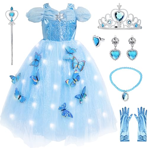 JONRRYIN LED Kleid Mädchen, Cinderella Kleider für kinder, Prinzessin Kleid Mädchen mit Zubehör, Prinzessin Cinderella Kostüm für Cosplay Halloween Karneval Party (Blau, 110-120) von JONRRYIN