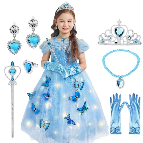 JONRRYIN LED Kleid Mädchen, Cinderella Kleider für kinder, Prinzessin Kleid Mädchen mit Zubehör, Prinzessin Cinderella Kostüm für Cosplay Halloween Karneval Party (Blau, 130-140) von JONRRYIN