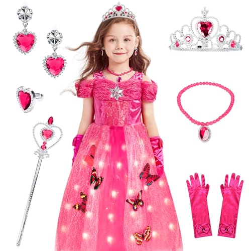 JONRRYIN Prinzessin Kleid Mädchen LED, Cinderella Prinzessin Kostüm Mädchen von 4-10 Jahren, Karneval Kostüm Kinder mit Schmetterlinge Zubehör, Cinderella Kleid Kostüm für Fasching Party von JONRRYIN