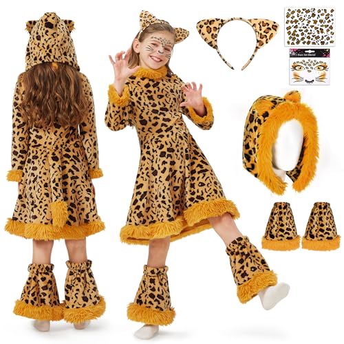 JONRRYIN Leoparden Kostüm Kinder, Leoparden Tier Kleid mit Leoparden Ohren, Hut und Tail, Tierkostüm Leoparden Kleid für Mädchen Karneval Cosplay Halloween (L) von JONRRYIN