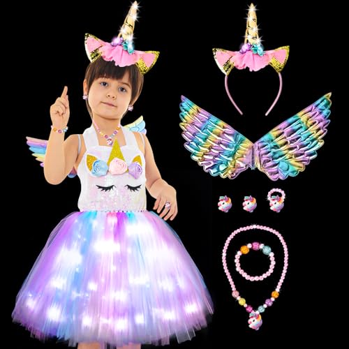 JONRRYIN Mädchen Einhorn Prinzessin Kleid mit LED, Regenbogen Einhorn Kostüm Kinder, LED Regenbogen Einhorn Tutu mit Einhorn Flügel, Ring, Kostüm mit Tutu Geeignet für Karneval, Party Prinzessin (XL) von JONRRYIN