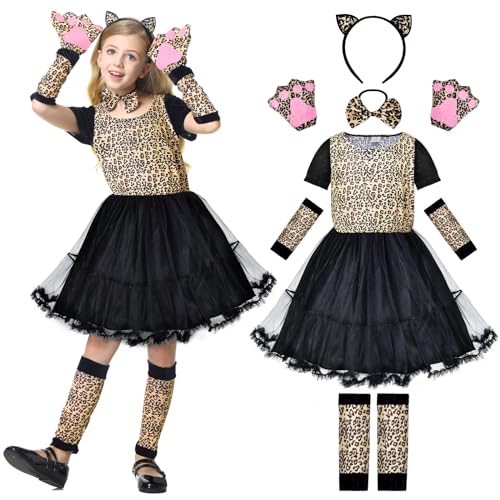 JONRRYIN Leoparden Kostüm Kinder, Mädchen Leopard Kostüme Karneval, Leopard Rock Kinder mit Handschuhe Leg Covers, Leopard Verkleiden Faschings kostüme für Fasching Karneval Kostüm Party von JONRRYIN