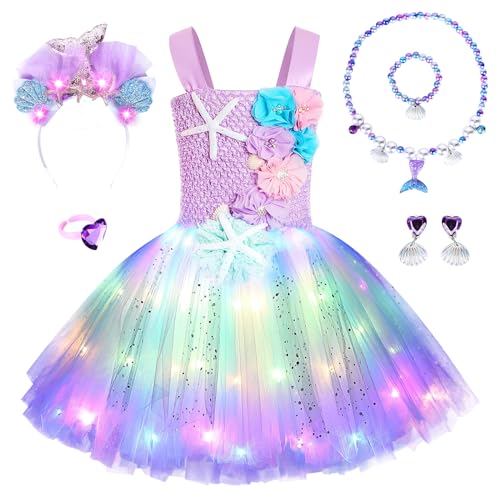 JONRRYIN Meerjungfrau Kostüm Mädchen, LED Tütü Tüllkleid für Mädchen mit 6 Zubehör, Leuchtendes Prinzessin Kleid für Karneval Verkleidung Cosplay Geburtstagsfeier Festkleid (HellesLila, L) von JONRRYIN