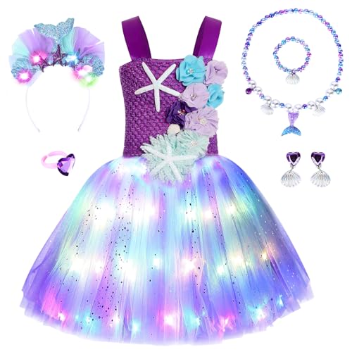 JONRRYIN Meerjungfrau Kostüm Mädchen, LED Tütü Tüllkleid für Mädchen mit 6 Zubehör, Leuchtendes Prinzessin Kleid für Karneval Verkleidung Cosplay Geburtstagsfeier Festkleid (Lila, L) von JONRRYIN