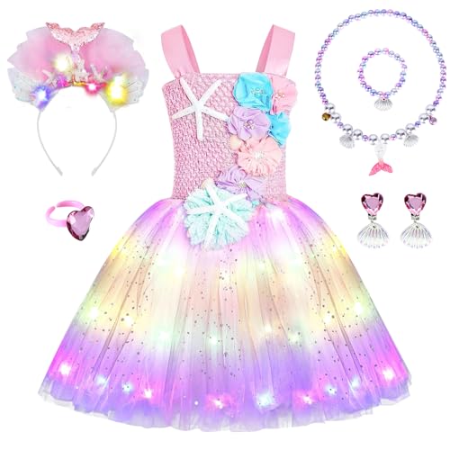 JONRRYIN Meerjungfrau Kostüm Mädchen, LED Tütü Tüllkleid für Mädchen mit 6 Zubehör, Leuchtendes Prinzessin Kleid für Karneval Verkleidung Cosplay Geburtstagsfeier Festkleid (Rosa, L) von JONRRYIN