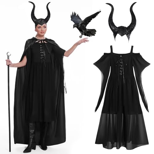 JONRRYIN Mittelalter Kleid Damen mit Maleficent Hörner, Maleficent Kostüm schwarzes gothic kleid mit Trompetenärmel für Damen Renaissance Kostüm Halloween Cosplay Karneval Party (2XL) von JONRRYIN