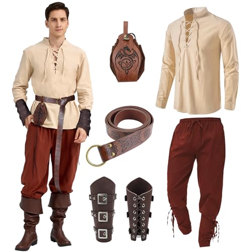 JONRRYIN Mittelalter Kleidung Herren Set, Herren Renaissance Kostüm Set mit Leinenhemd Herren Mittelalterliches Piratenhemd, Mittelalter Hose mit Knöchelriemen, Gürtel Zubehör (Beige Braun, 2XL) von JONRRYIN