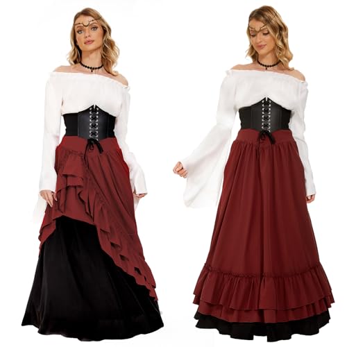 JONRRYIN Mittelalter Kostüm für Damen, Renaissance Viktorianisches Kleid, Mittelalter Kleidung Accessoires mit Ausgestellten Ärmeln und Hoher Taille, Gothic Retro Kleid Karneval Halloween (Rot, S) von JONRRYIN