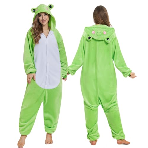 JONRRYIN Onesie Pyjama Damen Herren, Tierkostüm Erwachsene, Unisex Tier Kostüm Pyjama, Pyjama Animal Costume Schlafanzug Jumpsuit (DE/NL/SE/PL, Alphanumerisch, L, Regular, Regular, Frösche) von JONRRYIN