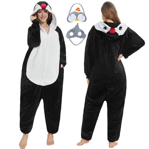 JONRRYIN Onesie Pyjama Damen Herren, Tierkostüm Erwachsene, Unisex Tier Kostüm Pyjama, Pyjama Animal Costume Schlafanzug Jumpsuit (DE/NL/SE/PL, Alphanumerisch, L, Regular, Regular, Schwarz und weiß) von JONRRYIN