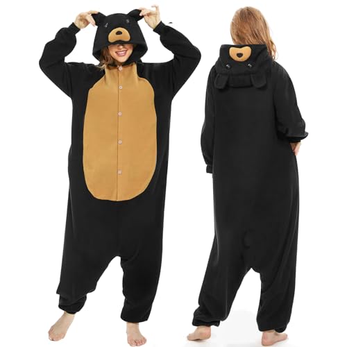 JONRRYIN Onesie Pyjama Damen Herren, Tierkostüm Erwachsene, Unisex Tier Kostüm Pyjama, Pyjama Animal Costume Schlafanzug Jumpsuit (DE/NL/SE/PL, Alphanumerisch, XL, Regular, Regular, Schwarzbär) von JONRRYIN