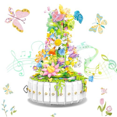 JONRRYIN Pflanzen Blumen Bauspielzeug,1399 Teile Rotierende Spieluhr Bausets mit Licht, Klemmbausteine Blume Friends Mädchen Haus Pflanzen, Musikbox Bausteine Home Decor Geschenk für Kinder Erwachsene von JONRRYIN