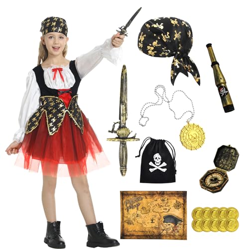 JONRRYIN Piratenkostüm für Kinder, Piraten Kostüm Kleid Mädchen, Piratenkostüm Set mit Accessoires Piraten Kopftuch Schmuck und Piratin Schwert für Mädchen Karneval Cosplay Halloween (Mädchen, L) von JONRRYIN