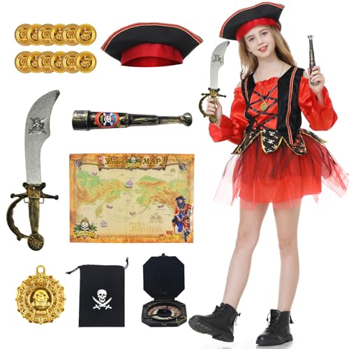 JONRRYIN Piratenkostüm für Kinder, Piraten Kostüm Kleid Mädchen, Piratenkostüm Set mit Accessoires Piraten Hut Schmuck und Piratin Schwert für Mädchen Karneval Cosplay Halloween (Mädchen, M) von JONRRYIN