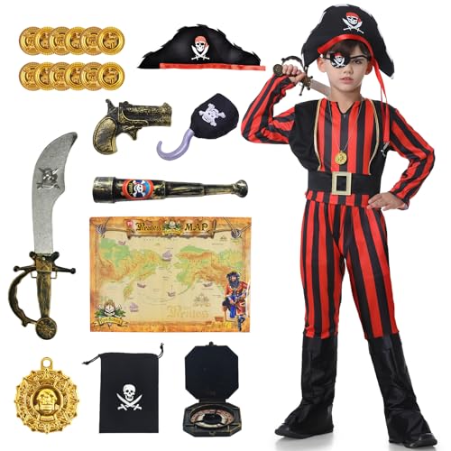 JONRRYIN Piratenkostüm für Kinder, Piratin Kostüm Kinder Jungen, Piratenkostüm Set mit Accessoires Piraten Hut Schmuck und Piratin Schwert für Jungen Karneval Cosplay Halloween (Jungen, L) von JONRRYIN