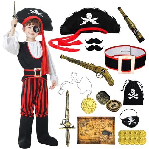 JONRRYIN Piratenkostüm für Kinder, Piratin Kostüm Kinder Jungen, Piratenkostüm Set mit Accessoires Piraten Hut Schmuck und Piratin Schwert für Jungen Karneval Cosplay Halloween (Jungen, L) von JONRRYIN