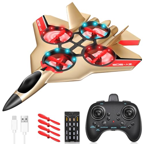 JONRRYIN RC Flugzeug, 2,4 GHz Ferngesteuertes Flugzeug für Kinder mit LED, RC Flugzeug Spielzeug mit Batterien und 4 Achsen Gyro Stabilisator für Kinder und Erwachsene Spielzeuggeschenk (Gold) von JONRRYIN