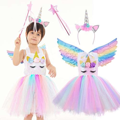 JONRRYIN Regenbogen Einhorn Kostüm Kinder, Mädchen Einhorn Prinzessin Kleid, Mädchen Prinzessin Kleid mit Flügel, Feenstöcke, Stirnband, Verwendet für Karneval, Party Prinzessin Kleid von JONRRYIN