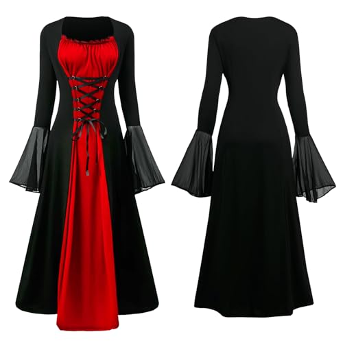 JONRRYIN Renaissance Kostüm Frauen, Vampir Kostüm Damen, Mittelalterliches Kleid mit Trompetenärmel, A-Linien-Stil Schwingendes Hexenkleid für Cosplay Halloween von JONRRYIN