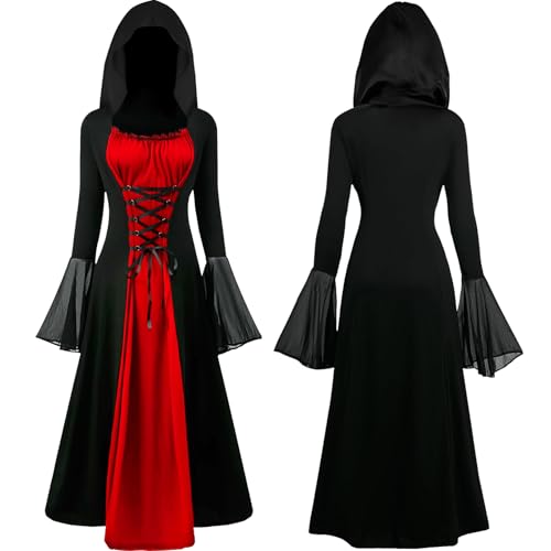 JONRRYIN Renaissance Kostüm Frauen, Vampir Kostüm Damen, Mittelalterliches Kleid mit Trompetenärmel, A-Linien-Stil Schwingendes Hexenkleid für Cosplay Halloween von JONRRYIN