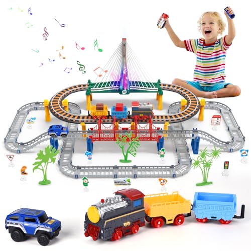 JONRRYIN Zug Spielzeug Set, Eisenbahn Kinder Elektrisch, Elektrische Zug und Autobahnautos Spielzeug Set, Schienen Train & Auto kinderspielzeug für Kinder ab 2-7 Jahren von JONRRYIN