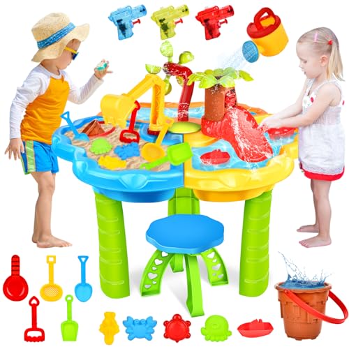 JONRRYIN Sand Wassertisch Kinder Outdoor Spielzeug, Strandspieltisch, Wasserspieltisch Draußen Strandspielzeug Set mit 33-Teiligem Zubehörset, Sommer Wasserspielzeug Sandkasten für Kleinkind ab 3 Jahr von JONRRYIN