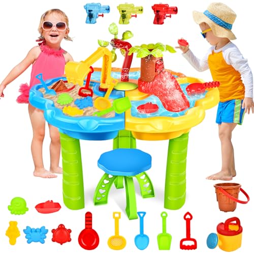 JONRRYIN Sand Wassertisch Kinder Outdoor Spielzeug, Strandspieltisch, Wasserspieltisch Draußen Strandspielzeug Set mit 33-Teiligem Zubehörset, Sommer Wasserspielzeug Sandkasten für Kleinkind ab 3 Jahr von JONRRYIN