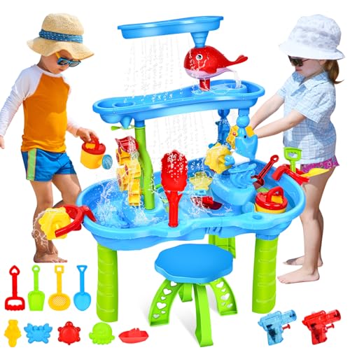JONRRYIN Sand Wassertisch für Kleinkinder, 3-Tier Kinder Sand Wassertisch Spielzeug, Wasserspieltisch Outdoor Strandspielzeug, Groß Spieltisch Sommer-Wasserspielzeug für Jungen Mädchen 3 4 5 6 7 Jahr von JONRRYIN