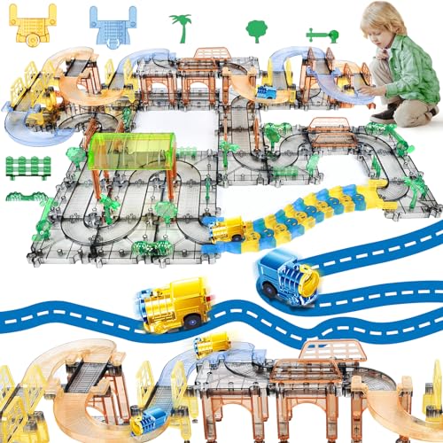JONRRYIN Schienen Auto Spielzeug, Zug Set Spielzeug, Rennstrecken Spielzeug, Spielzeug Autorennbahn Rennbahn Kinderspielzeug mit Elektrischer Zug, Kreatives Spielzeug für Kinder 3-11 Jahren(132 Stück) von JONRRYIN