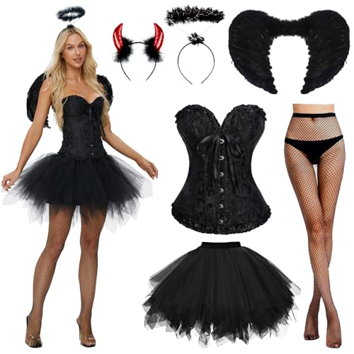 JONRRYIN Schwarz Engel Kostüm, Engel und Teufel Flügel Kostüm, engelsflügel kostüm damen mit Damen Schnürkorsett Top, Tüllrock, Heiligenschein und Teufel Hörner für Halloween Karneval (Schwarz, XXL) von JONRRYIN