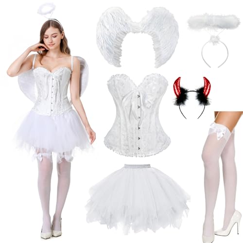 JONRRYIN Engel Kostüm Damen, Engelsflügel Weiß Erwachsenes, Engelsflügel Amor Kostüm Damen mit Schnürkorsett Top, Tüllrock, Heiligenschein Engel und Teufel Hörner für Halloween Karneval (Weiß, L) von JONRRYIN