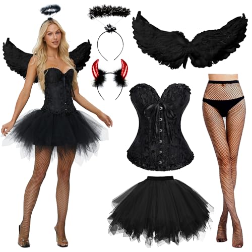 JONRRYIN Schwarz Engel Kostüm, Engel und Teufel Flügel Kostüm, engelsflügel kostüm damen mit Damen Schnürkorsett Top, Tüllrock, Heiligenschein und Teufel Hörner für Halloween Karneval (Schwarz-B, XXL) von JONRRYIN