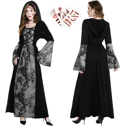 JONRRYIN Hexen Kostüme Damen, Halloween Hexenkostüm Schwarzer mit Kapuze, Langarm Vampir Kleid mit Tattoo Stickers, Zombie Kostüm für Halloween und Karneval (L) von JONRRYIN