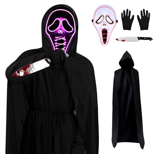 JONRRYIN Scream Kostüm Erwachsene, Ghost Face Scream Slayer Kit, Ghostface Kostüm Set, Geistergesicht Scream Kostüm mit Beleuchtete Scream Maske, Handschuhen, Spielzeugmesser Halloween von JONRRYIN