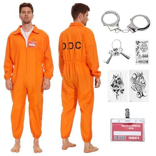 JONRRYIN Sträfling Kostüm Herren, Gefangener Kostüm Orange, Häftling Kostüm Herren mit Namensschild und Handschellen, Prisoner Overall Costume für Erwachsene Cosplay Karneval(M) von JONRRYIN