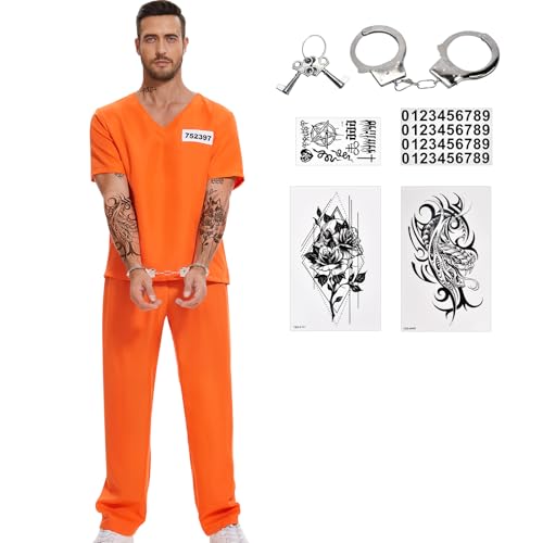 JONRRYIN Sträfling Kostüm Herren, Orange Häftling Kostüm mit Handschellen, Herren Gefangener Kostüm, Prisoner Costume Herren Damen Cosplay Mottoparty Karneval (L) von JONRRYIN