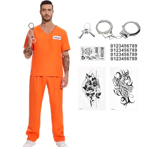 JONRRYIN Sträfling Kostüm Herren, Orange Häftling Kostüm mit Handschellen, Herren Gefangener Kostüm, Prisoner Costume Herren Damen Cosplay Mottoparty Karneval (S) von JONRRYIN