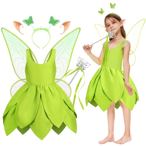 JONRRYIN Tinkerbell Kostüm Kinder Mädchen, Ärmelloses Tinkerbell Prinzessin Kleid mit Feenflügel Zauberstab Stirnband, Fasching Karneval Halloween Geburtstags Cosplay Grün Feen Kleid (Größe 110) von JONRRYIN